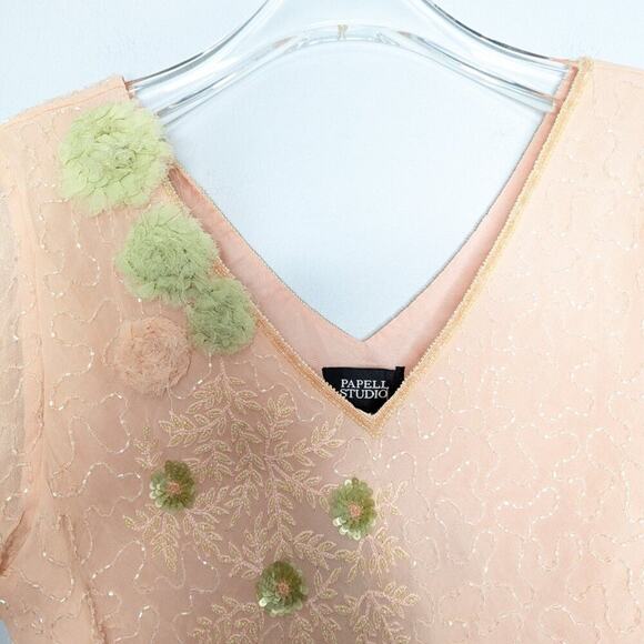 Adrianna Papell Studio Pink Short Sleeve Beaded Sequin V-Neck Evening Top 12 - Picture 11 of 13